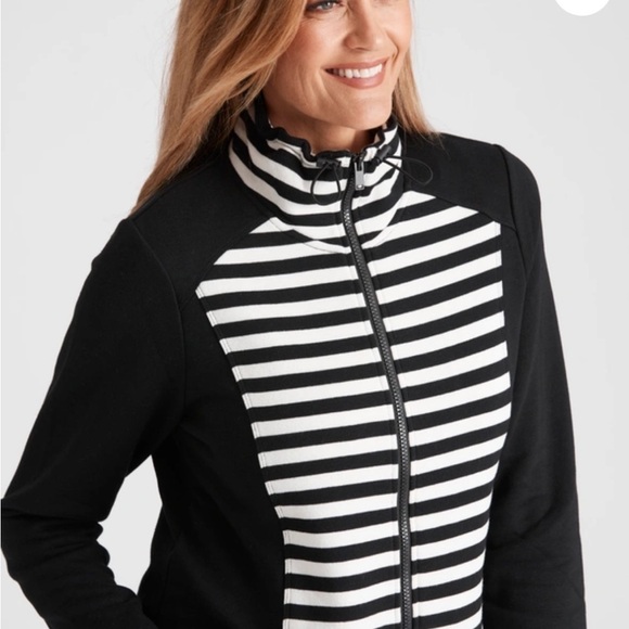 Chico’s Zenergy Black & White Striped Millers Long Sleeve Mix Panel Jacket - Picture 2 of 11